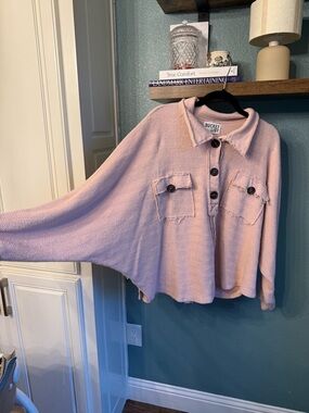 Bucket List Textured Pullover Oversized Collared Sweatshirt Raw Hem Shacket Top